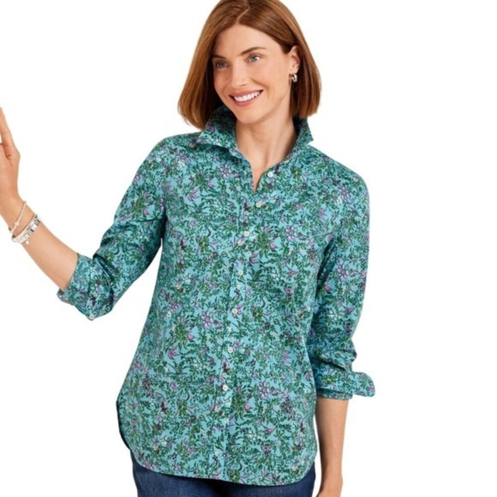 Talbots Modern Classic Shirt Leafy Floral Cotton Button Front XL